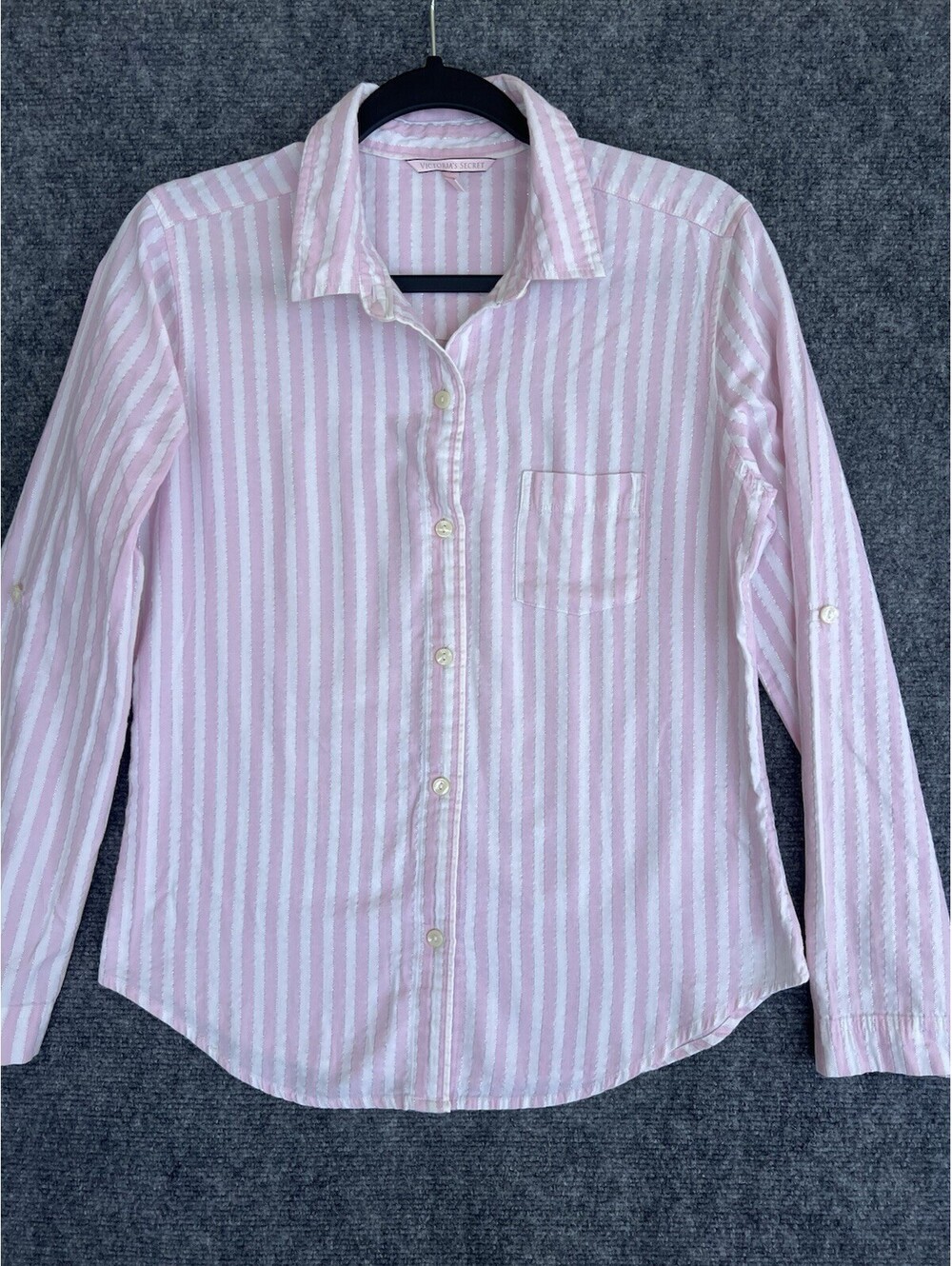 Victorias Secret Womens Pyjama Top Stripe Pink White Long Sleeve Collar Size XS.